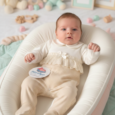 Bebé deitado num ninho de cama rodeado de brinquedos e molduras