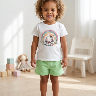 Criança sorridente com camisola branca estampada e calções verdes em ambiente interior claro