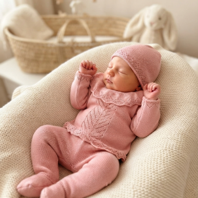 Bebé a dormir com roupa de malha rosa sobre almofada creme