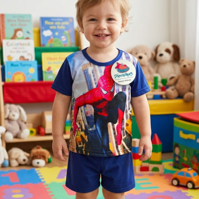 Menino com camisola do Homem-Aranha e calções azuis numa sala de brincadeiras colorida