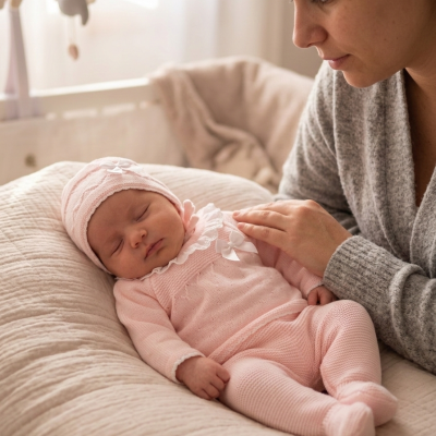 Conjunto de roupa de malha rosa claro para bebé com detalhes em branco, com bebé deitada e mulher ao lado