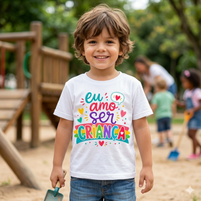 camisola branca de criança com texto colorido num parque infantil