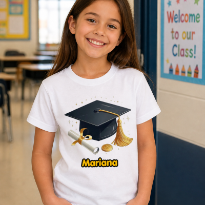 Camisola branca com estampado de chapéu de formatura, diploma e nome Mariana