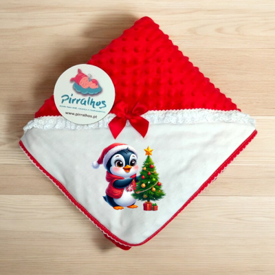 Manta de bebé vermelha e branca com pinguim e árvore de Natal, etiqueta Pirralhos