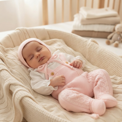 Bebé vestido com roupa de malha cor-de-rosa a dormir numa cama de bebé com têxteis bege, com berço de madeira ao fundo