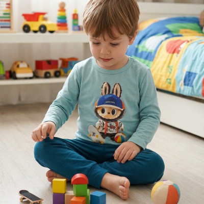 Camisola azul claro com personagem e brinquedos em quarto infantil colorido