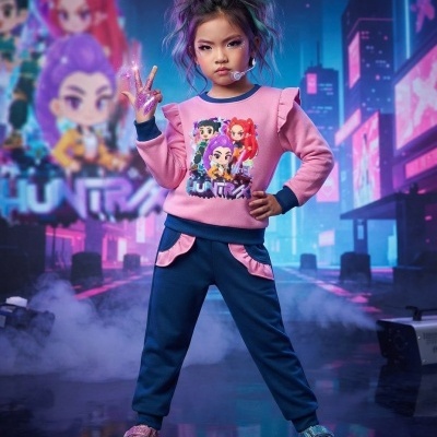 Conjunto de roupa infantil com camisola rosa e calças azul escuro usadas por criança com ténis coloridos.