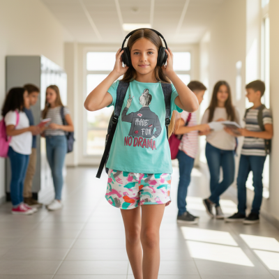 Menina com auscultadores e t-shirt verde no corredor da escola