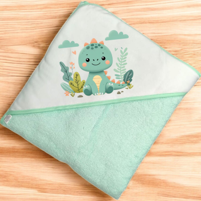 Toalha de banho verde água para bebé com capuz e desenho de dinossauro
