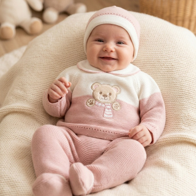 Bebé sorridente com roupa de malha rosa e branca com ursinho bordado sentado numa almofada creme