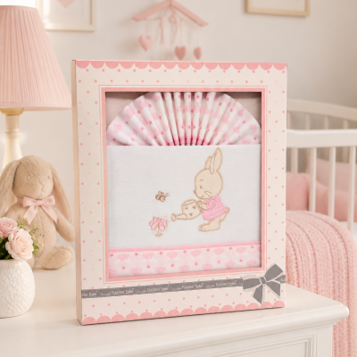 Conjunto de roupa de bebê rosa e branca com coelho bordado em caixa decorativa