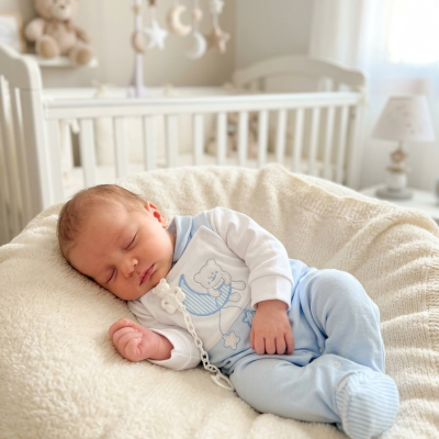 Bebé vestido de pijama azul claro e branco deitado sobre manta branca felpuda