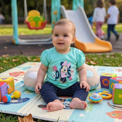 Bebé sentada em colchonete com brinquedos ao ar livre e parque infantil ao fundo.