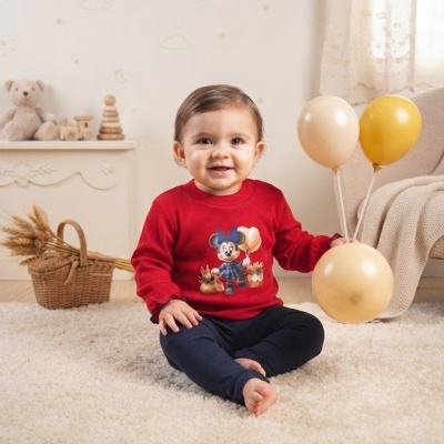 Criança com camisola vermelha e balões num espaço interior com brinquedos e tapete creme.