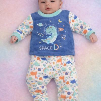 Pijama de bebé azul e branco com padrão espacial e dinossauro