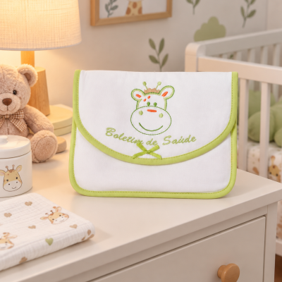 Bolsa branca e verde com bordado de girafa e texto Boletim de Saúde sobre cómoda com artigos para bebé