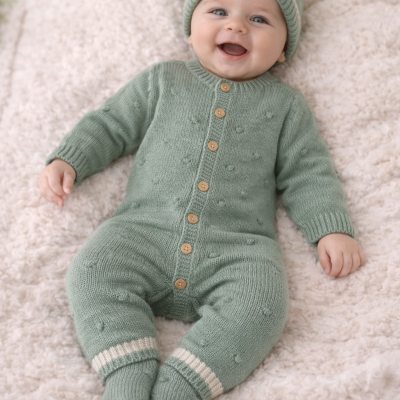 Bebé sorridente com fato verde claro de malha com botões e gorro, sobre manta branca felpuda.