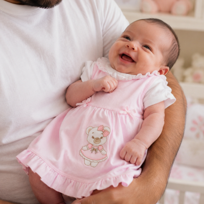 Bebé sorridente com vestido rosa e ursinho bordado, nas mãos de adulto com camiseta branca.