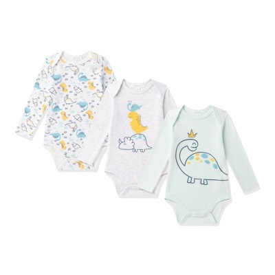 Conjunto de três bodies de bebé com temas de dinossauros em diferentes padrões e cores