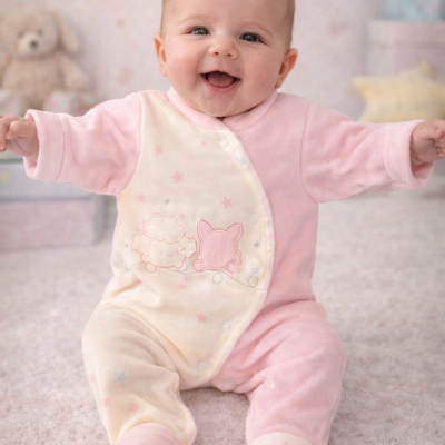 Bebé sorridente vestido com macacão rosa e creme sentado numa superfície felpuda clara