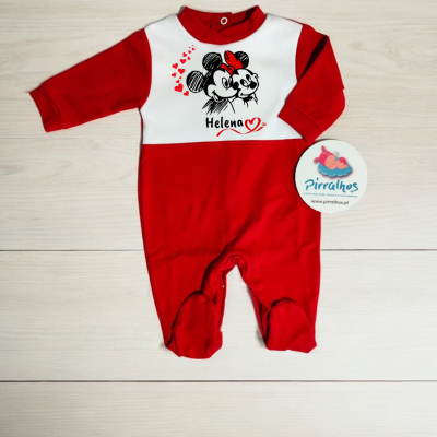 Macacão bebé vermelho e branco com estampa de Mickey e Minnie e nome Helena