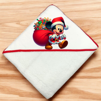 Toalha branca com capuz e estampa do Mickey Mouse vestido de Pai Natal