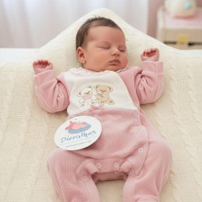 Macacão rosa e branco com estampa de ursos para bebé