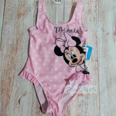 Fato de banho rosa com bolinhas brancas e estampa da Minnie Mouse