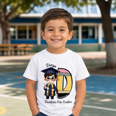 Camisola branca com estampa de menino finalista e texto personalizado Diego Finalista Pré-Escolar
