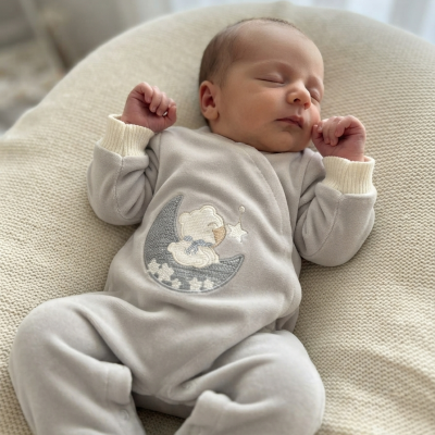 Bebé a dormir com pijama cinzento claro e bordado de urso na lua sobre almofada bege