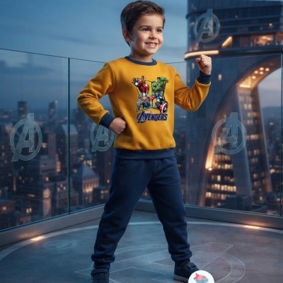Criança com camisola amarela Marvel Avengers e calças azuis numa varanda com vista para edifício Avengers à noite
