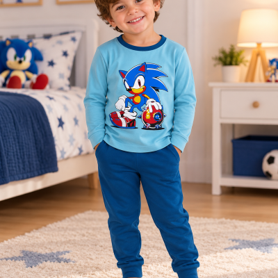 Pijama infantil azul com personagem Sonic e calças azuis escuras, em quarto com decoração favorita.