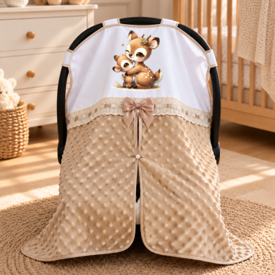 Capa para cadeirinha de bebé com veados animados, textura bolinhas e laço bege