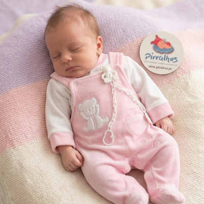 Bebé a dormir com macacão rosa e manta tricotada colorida