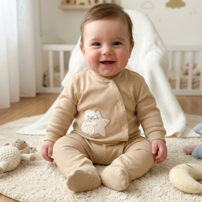Bebé sorridente vestido com macacão bege sentado num tapete creme