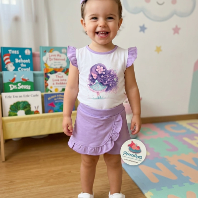 Criança sorridente vestindo roupa branca e roxa com estampa, sapatos brancos e laço lilás no cabelo em quarto infantil colorido.