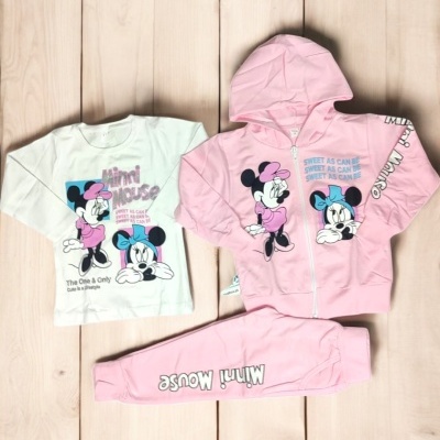Conjunto infantil Minnie Mouse com camisola branca, casaco e calças rosa