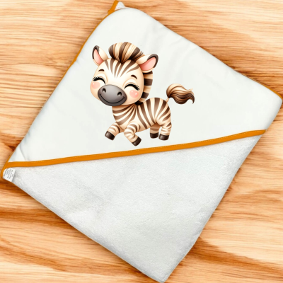 Toalha branca de bebé com borda laranja e estampa de zebra sorridente