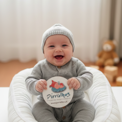 Bebé sentado em apoio almofadado branco, com roupa cinzenta, segurando cartão Pirralhos