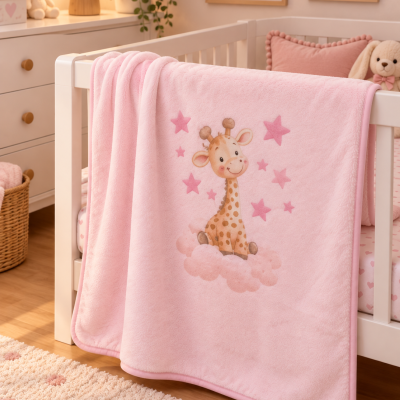 Cobertor rosa de bebé com girafa e estrelas no berço branco