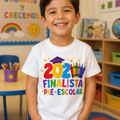 Camisola branca colorida com texto 2022 FINALISTA PRÉ-ESCOLAR usada por criança sorridente em sala de aula