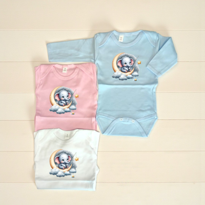 Bodies de bebé azul, rosa e branco com elefante na lua estampado