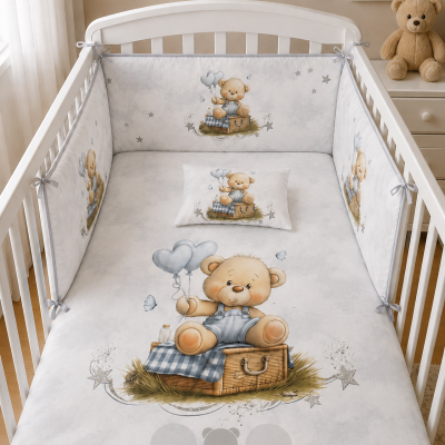 Berço branco com roupa de cama cinza claro e estampa de ursinho com balões azuis