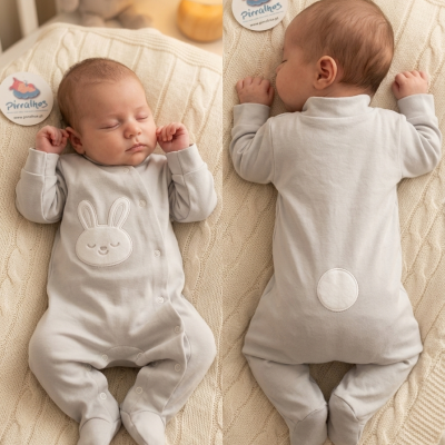 Pijama cinzento claro para bebé com aplique de coelho e recorte redondo, em manta bege de malha trançada