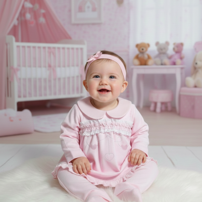 Bebé sorridente sentada de pijama rosa e fita de cabelo num quarto de bebé cor-de-rosa.