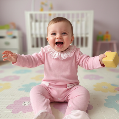Bebé sentado com roupa rosa e gola branca segurando cubo amarelo num quarto com berço branco.