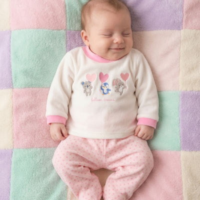 Bebé a dormir de pijama branco e rosa com desenhos de animais e balões sobre manta felpuda colorida