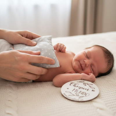 Bebé recém-nascido deitado numa cama com almofada e placa branca com texto.