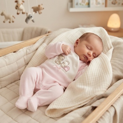 Bebé a dormir em alcofa acolchoada com pijama rosa e ursinhos bordados