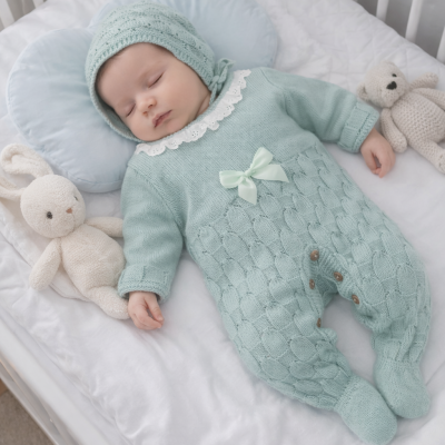 Bebé vestido de malha azul-pálido a dormir numa cama branca com peluches ao lado